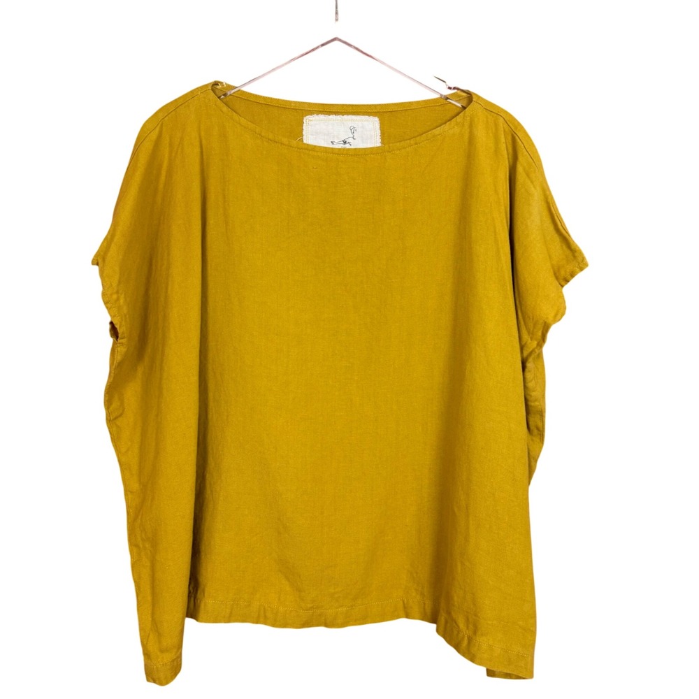 Not Perfect Linen Mustard Yellow Boxy Top OS 100% Linen Short Sleeve Boat Neck